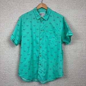 Iron Co Top Mens XL‎ Teal Palm Tree Print Tropical Beach Short Sleeve Button Up